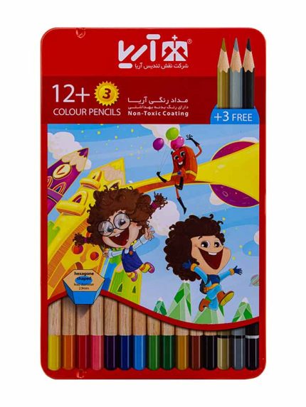 مداد رنگی 3+12 رنگ آریا فلزی تخت