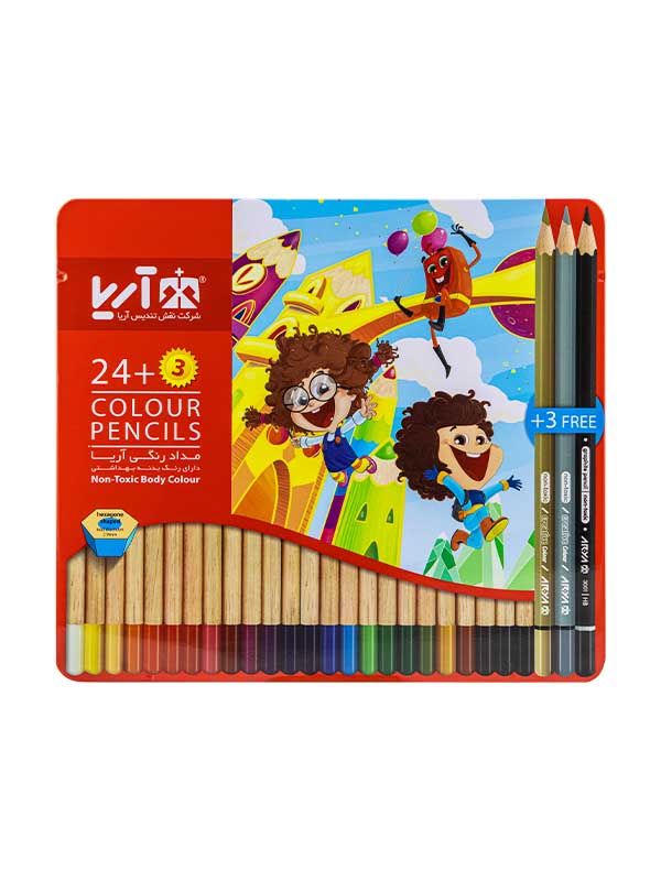 مداد رنگی 3+24 رنگ آریا فلزی تخت